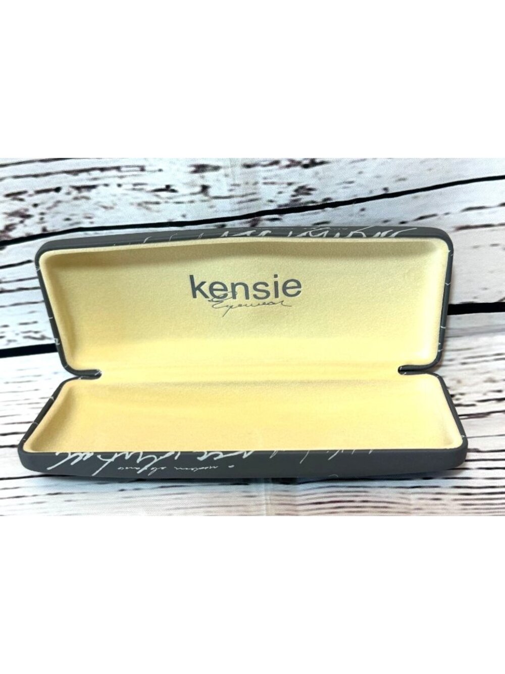 Kensie Eyewear Hard Glasses Case With Gray Script Design & Soft Yellow Interior